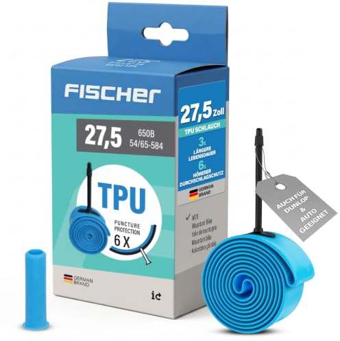 FISCHER TPU Fahrradschlauch MTB 27,5 Zoll, Mountainbike Schlauch 54-584 bis 65-584, mit Adapter für größere Ventillöcher, 6X Pannenschutz