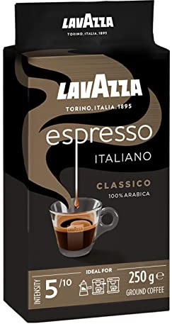Lavazza, Espresso Italiano Classico, Café Molido Natural, 4 x 250 g, Ideal para Cafetera Italiana, de Filtro y Francesa, con Notas de Caramelo y Chocolate, 100% Arábica, Intensidad 5, Tueste Medio