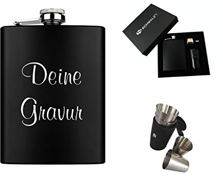 Schmalz® Flachmann-Set schwarz 7-teilig aus Edelstahl inklusive Gravur Geschenkverpackung Stamperl Etui Schnapsbecher Einfülltrichter Lasergravur