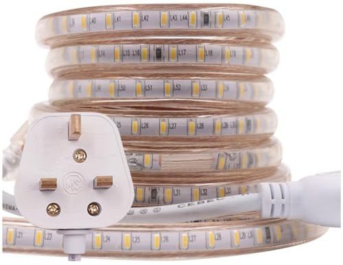 GQL 5m LED Strip AC 220V 240V IP65 Waterproof 3014 SMD 120LEDs/m Commercial Rope Light, Warm White Ribbon for Home Kitchen Cabinets Ceiling Garden Decoration UK Plug