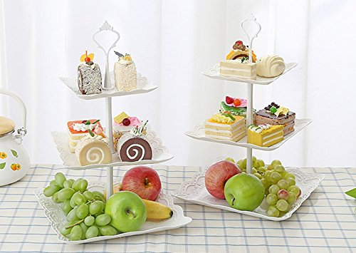 Candora Plastic Imitation Ceramics 3 Tier SquareCake Stand, Cake Plate 6&8&10 Party for Cake Food Fruit Desserts (2Set)