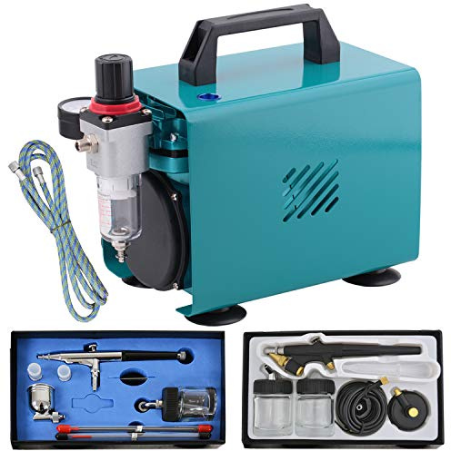 AMUR Airbrush Set Ultimate II Kit mit sehr leisem Airbrush Kompressor, Airbrush-Pistole Double-Action inkl. 3 Düsen + Nadeln + Fliesbecher + Glas, Druckluftschlauch und Single-Action-Gun