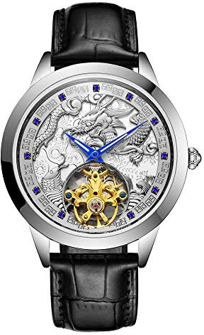 Ourui Montres Bracelet,Montre Mécanique À Tourbillon Automatique À Cadran Longmen en Relief, Argent