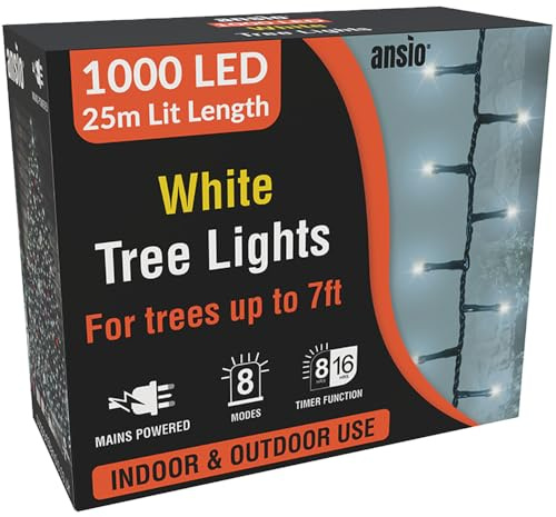 ANSIO® Christmas Tree Lights 1000 LED 25m/82ft - Cool White Cluster Compact Lights for Indoor & Outdoor Decorations Fairy Lights with Timer for Xmas Garden & Party | Mains Powered Green Cable