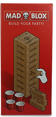 Madparty Games - MadBlox- Partyspiel - Wooden Blox - Partyspiel für Erwachsene - 54 doppelseitige Herausforderungen- Stapelturm - Tragbar - Unverwechselbare Formen