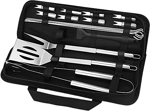 Utensilios de Barbacoa, 16 Piezas Kit de Herramientas para Barbacoa de Acero Inoxidable con Estuche, Pinza, Espátula, Cepillo, Pinchos para Parrilla, Tenedor de Carne y Cortador para Camping y Cocina