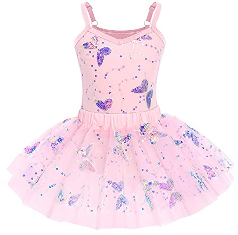 IWEMEK Enfants Filles Paillettes Papillon Ballet Tutu Robe de Danse sans Manches Spaghetti Camisole Justaucorps Top + Tutu Jupe Patinage Gymnastique Yoga Dancewear Ballerine Costume Rose 7-8 Ans