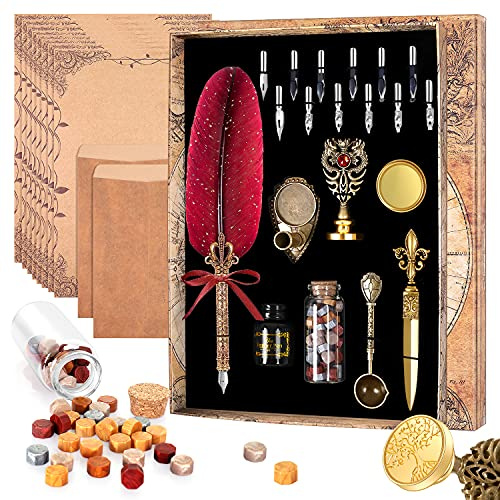MPRINCE Schreibfeder Tinte Set. Beinhaltet Schreibfeder Set. Tinte. 12 Ersatzfedern. Stifthalter. 2 Umschläge. Acht Blätter Umschlagpapier. Baum des Lebens Siegel. 1 Flasche Wachs Siegel (Rot)