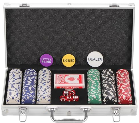 LUOBAO 300 stycken pokermarker för Texas Holdem, Blackjack, turneringar med aluminiumfodral, 2 kortspel, återförsäljare, liten blind, stora blindknappar och 5 tärningar, 11,5 g