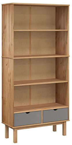 vidaXL Bookcase OTTA with 2 Drawers Wooden Bookshelf Book Stand Storage Cabinet Highboard Book Rack Storage Chest Brown and Grey Solid Wood Pine