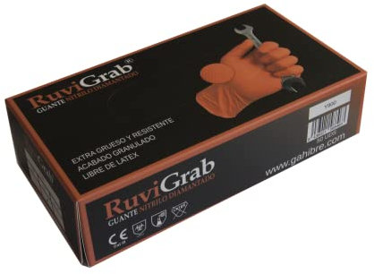 Ruvigrab - Guanto da lavoro monouso in nitrile diamantato arancione | Alta resistenza | Guanti per meccanica, officine, industria, costruzione e chimica | Lattice libero