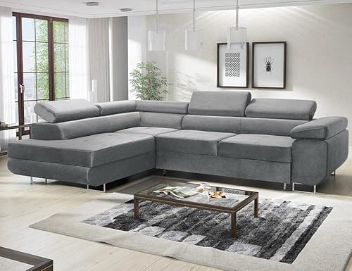 Sofa mit Schlaffunktion und Bettkasten - Ecksofa fur 3 Personen - Avesta - Bequem Schlafsofa - L-Form - Modern Couch 277x203x73 cm - Ecke Links - Grau - MODERNO