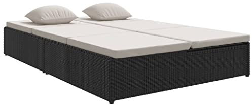 Makastle 2-in-1 Sonnenliege Doppelliege mit Auflagen für 2-Personen, Doppel Gartenliege Gartenbank Gartensessel Gartensofa für Garten oder Balkon, Poly Rattan Schwarz