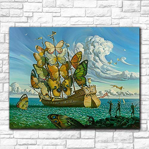 Wandbild Druck auf Leinwand XXL Salvador Dali Gemälde Schmetterling Schiff Wandbilder Mode Wandkunst Für Wohnzimmer Wohnkultur Gemälde 70x100cm Rahmenlos