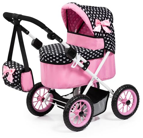 Bayer Design 13060AA Puppenwagen Trendy, mit Tasche, höhenverstellbarer Griff, große Räder, integrierter Korb, faltbar, Schwarz, Rosa, Weiß
