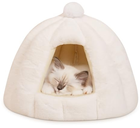 ALLSOPETS Dog Cave Bed, Indoor Dog Igloo Bed Cat Nest with Removable Washable Cushion, Cozy Warm Pet Tent for Small and Medium Pets (Snow White, M)