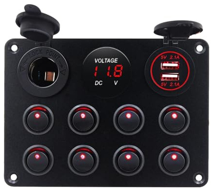 KAOLALI 8 Gang Panneau de Commutation à Bascule 12V/24V, Rouge LED Étanche | Interrupteur à Bascule Étanche, 4,2 A Double Chargeur USB, Affichage Numérique, pour Voiture, Marine, Bateau, Camping-Car