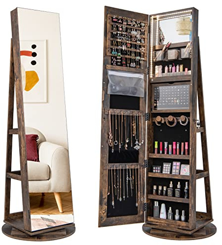 RELAX4LIFE 360° Swivel Jewellery Cabinet, Lockable Jewelry Armoire with Full-Length Mirror & 3-Color LED Lights, Freestanding Cosmetic Storage Organizer for Living Room Dressing Room (Rustic Brown)