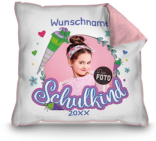 Print Royal PR Kissen zur Einschulung selbst gestalten - Schulkind mit Foto, Name und Jahr personalisiert - Zuckertüte Rosa - personalisierte Geschenke zur Einschulung | Rückseite Rosa, 40 x 40 cm