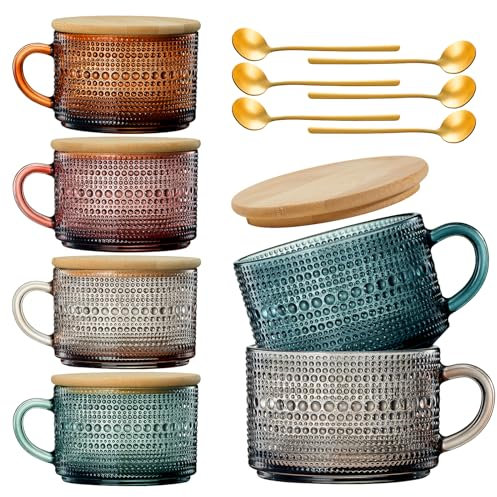 Khen Fall Colors Glass Coffee Mugs Set With Handles, Spoons & Lid | Set of 6 | 15oz Hobnail Embossed With Bamboo Lids & Gold Spoons, Glassware Mug Bubble Glasses - Cute Cups Coffee, Tea Oats Colored