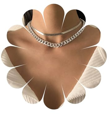 Allereya Vintage Geschichtete Kubanische Kette Choker Halskette Silber Klobige Panzerkette Halskette Punk Schlange Kette Halskette 90er Jahre Hip Hop Kette Kettenschmuck Für Frauen Und Mädchen