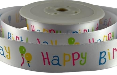 5 Meter x 25 mm Happy Birthday Satinband - Weiß mit buntem Text & Ballon-Druck - für Geschenkverpackung, Dekoration, Party usw