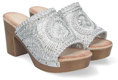 shoes&blues.es Sabot à talon haut pour femme, confortable, matériau imitation bois, avec pelle brodée, clous et talon ouvert.