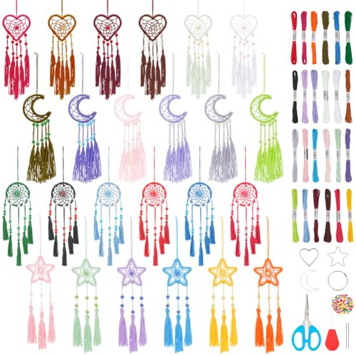 INFUNLY 24 STK. DIY Kleine Traumfänger-Sets Für Anfänger, Farbenfrohes Handgefertigtes Traumfänger-Set Für Anfänger, DIY Mini-Stern/Mond/Herz/Runde Ornament-Bastelset Für Schlafzimmer, Autospiegel, Sc