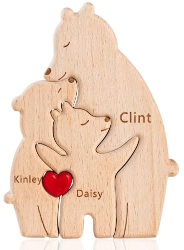 Easycosy Personalised Wooden Bear Puzzle with 2-7 Family Name Birthday Gifts for Family, Dad, Mum, Grandad Grandma, Wooden Sculpture Decor House Warming Gifts Ideas
