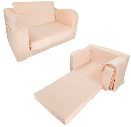 Canapé en mousse pour enfants avec couverture, prêt à l'emploi, canapé convertible 2-en-1 pour tout-petits, chaise longue pliable en intérieur et lit ouvert au sol pour garçons et filles (Champagne)