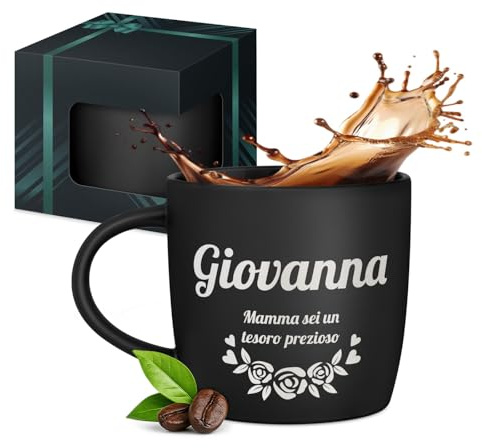 Maverton Tazza da caffè latte o tè in ceramica, 400 ml, Incisione | Personalizzata, Bicchiere con manico per bevande per Lei, Tazze da colazione per compleanno donna, Interno nero, rose