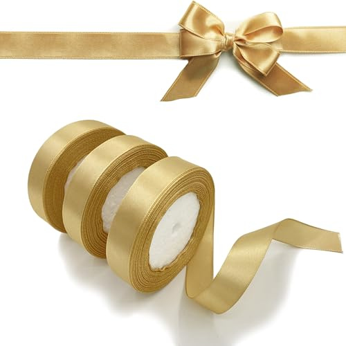 LLMtn 66 Meters 3 Rollen Satinband Gold 2CM X 22M Dekoration Geschenkband breit Schleifenband, Stoffband für Hochzeit, Goldenes Geschenk Band Geschenkbänder für Taufe und Geburtstag Geschenke