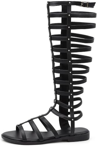 IF Fashion Scarpe Sandali Gladiatore Stivali Estivi Alti al Ginocchio da Donna Fibbia Borchie L7210 Nero N.39