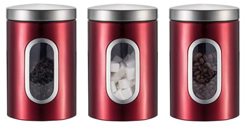 Kiss Me 3-Pc Red Kitchen Canister Set Stainless Steel Food Storage Jars | Durable stainless steel canisters with clear windows for coffee, tea, and sugar storage.