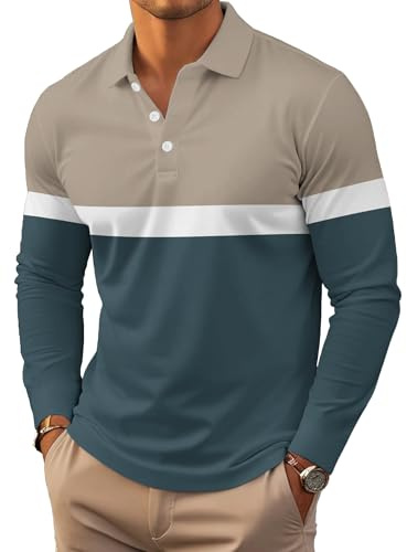 Polo Shirts for Men Long Sleeve Slim Fit Striped Golf Shirts with Collar Plus Size Pullover Casual Fall Tops