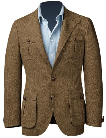 RAJEGAR Chaquetas deportivas de tweed en espiga para hombre, ajustadas, de dos botones, casuales, mezcla de lana, blazers, color marrón, vintage, abrigo de novio británico, marrón, XL