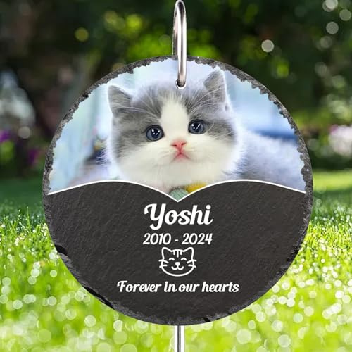 Jodimitty Color Photo Pet Memorial Plaques with Stake Personalised Grave Stones with Text, Cat Dog Memorial Plaque for Garden Graves Indoor Keepsakes, 10cm (Round)