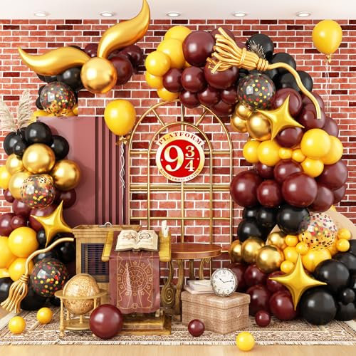 HILAVO Kit de guirlande de ballons d'école Magical Wizard - Bordeaux, Marrons, Noirs métallisés - Arche de ballons à confettis dorés et dorés - Ballons en aluminium pour décoration de fête