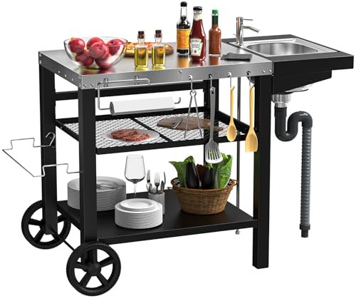 GFTIME Grillwagen 107x63x81cm, Grilltish mit Spüle für Ninja woodfire, für Pizzaöfen, grillwagen Outdoor wetterfest für Pizzaöfen, für Weber Q1000, Q2000 Grill, Outdoor küche Waschtisch, Servierwagen