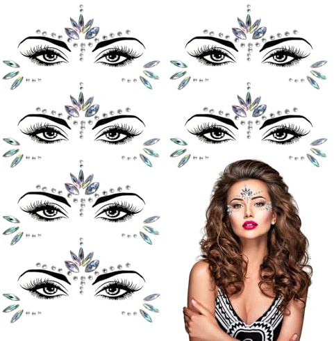 TUONYIS 6 Stücke Meerjungfrau Gesicht Edelsteine Stick, Gesicht Körper Augen Temporäre Tattoos, Glitzersteine Gesicht, Strasssteine Temporäre Tattoos für Musikkarneval, Party, Make up (Transparent)