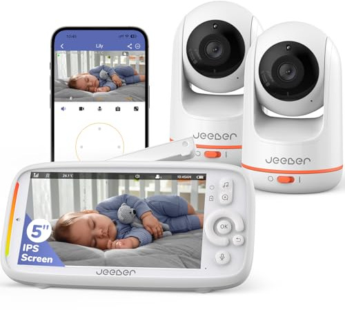 jeeber 2K/3MP WLAN Babyphone mit 2 Kameras App,5-Zoll-IPS Baby Monitor,360° | HDR-Nachtsicht, 2-Wege-Audio, VOX, Temperatur, Weinen/Bewegungserkennung, Bereich alarme, Große Reichweite Video Babyphone