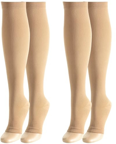 2 Paar Kompressionsstrümpfe Damen & Herren, 15-25mmHg Compression Socks, Stützstrümpfe für Krampfadern Ödeme Flug Reisen Sport (2x Beige, S-M)