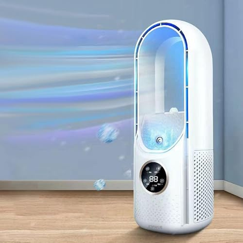 JOPWUE Ventilador sin aspas, Ventilador silencioso sin aspas para dormitorio, 6 velocidades de ajuste, control táctil, humidificación, temporizador 6H, ideal para oficina, salón, dormitorio
