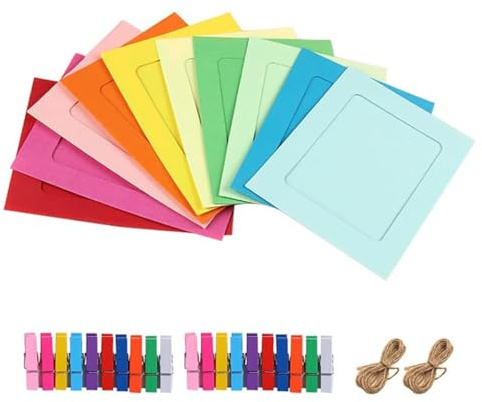 MaoNativey 20 Piezas Marcos de Fotos de Papel Kraft, Marcos con Clips de Madera y Cuerda de Cáñamo, Guirnalda Fotográfica 10x15 cm para Bodas, Cumpleaños, Salón o Dormitorio (DIY Decoración)