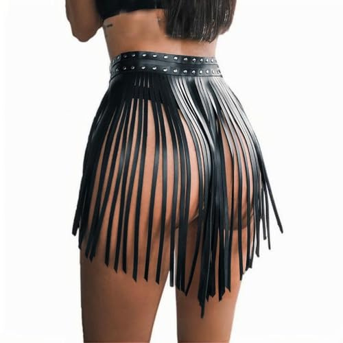 Gothic Faux Leather Tassel Skirt Belt Punk Fringe Waistband Belt Rock Short Skirt Belts for Club Rave Carnival Dance Party Halloween Black