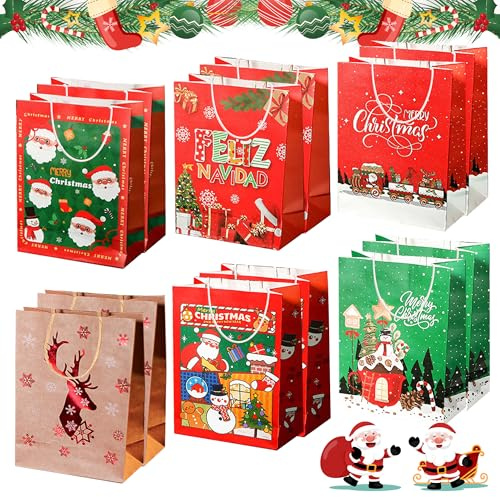 JAADU Sacchetti Regalo Natale, 12 Pezzi Borse di Carta Kraft Con Maniglia, per Decorazioni Natalizie e Regali per Della Festa Di Natale