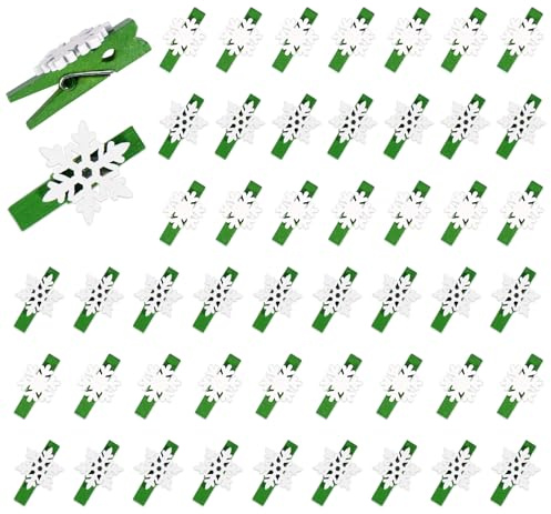 ilauke 50pcs Christmas Card Pegs, Wooden Snowflake Clothespins Craft Clips, Mini Photo Paper Pegs for DIY Hanging Xmas Cards and DIY Tree Ornaments(Green)