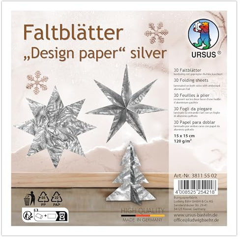 Ursus 3811 55 02 - Faltblätter „Designpapier“ Silber, 30 Stück, 15 x 15 cm, 120 g/m², beidseititg kaschiert mit geprägter Alufolie, Bastelpapier für Origami, Falten & Deko
