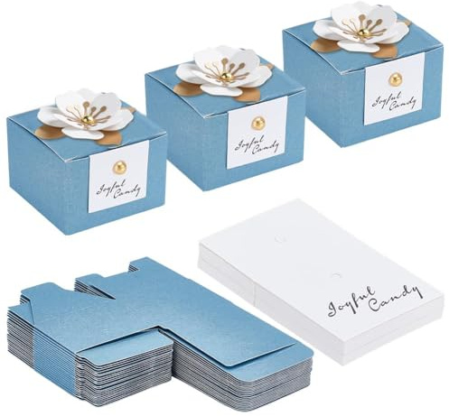 UNICRAFTALE 30 scatole per caramelle, 6,5 x 6,5 x 4,5 cm, blu, con decorazione floreale, in carta, con etichette, per ospiti, doccia nuziale, compleanno, accessorio per anniversario