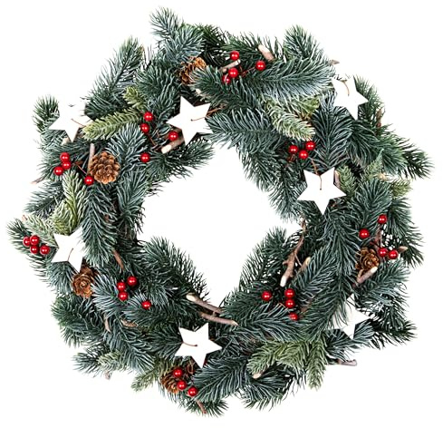 Weihnachts Türkranz zum Aufhängen mit Dekoration - 35 cm - Künstlicher Tannenkranz mit Schnee Beeren und Tannenzapfen - Weihnachtskranz Dekokranz Adventskranz Weihnachten Advent Schmuck